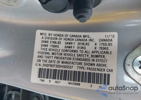 2013 Honda Civic Lx z USA, uszkodzony, nr VIN 2HGFB2F50DH505557